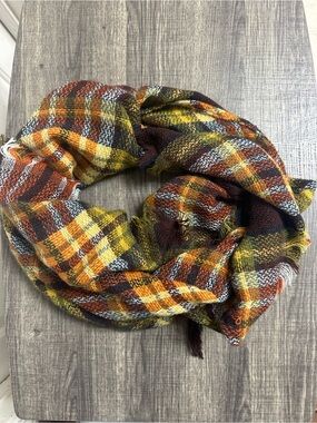 Cozy Plaid Infinity Scarf - Brown, Yellow & Orange